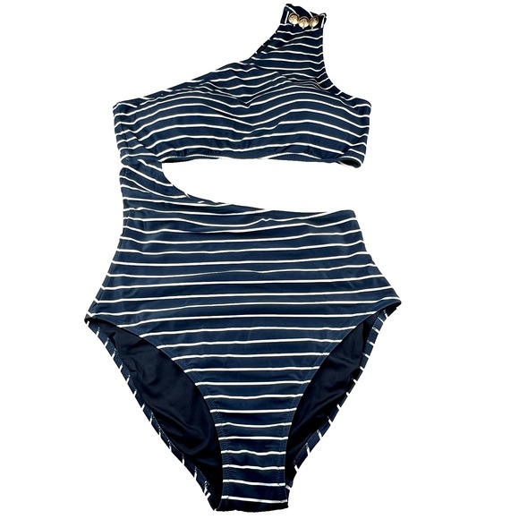 J.Crew Cutout One Piece Full Coverage Swimsuit w Buttons Navy Stripe Sz 14L $138 - Picture 3 of 14